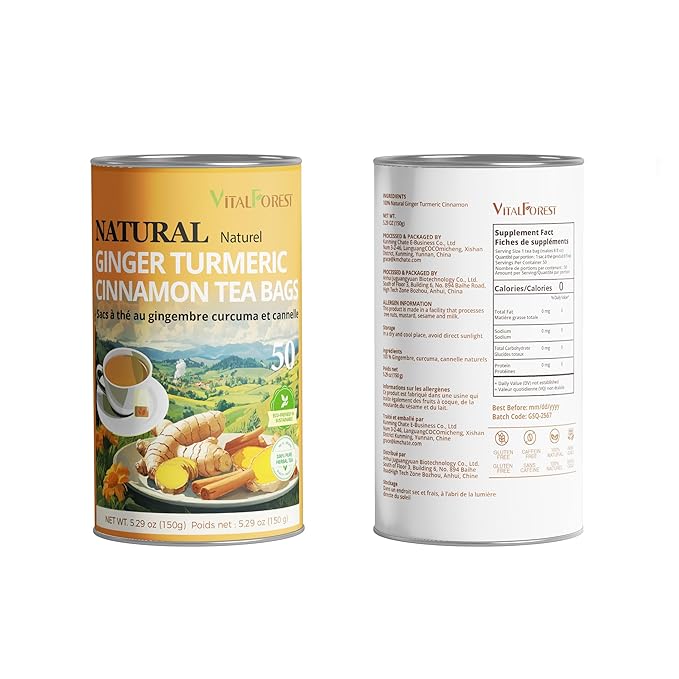 50 Premium Turmeric Ginger Cinnamon Tea Bags, Vitalforest Natural Ginger Tea Bags, Pure Turmeric Tea, Herbal Cinnamon Tea, Supports Digestion
