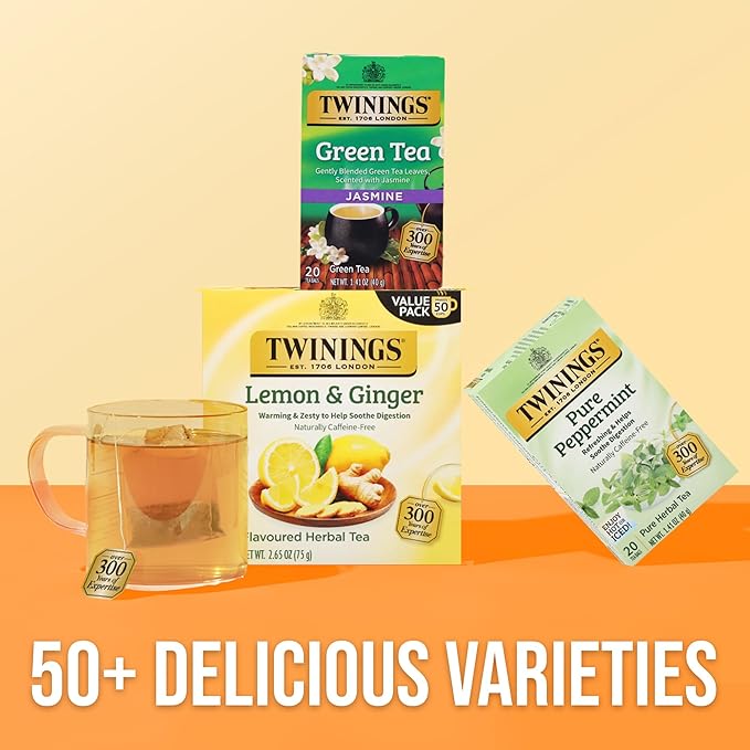 Twinings Lemon & Ginger Herbal Tea Individually Wrapped Bags, 50 Count (Pack of 6), Tangy Lemon & Spicy Ginger, Naturally Caffeine-Free, Enjoy Hot or Iced, 300 Teabags