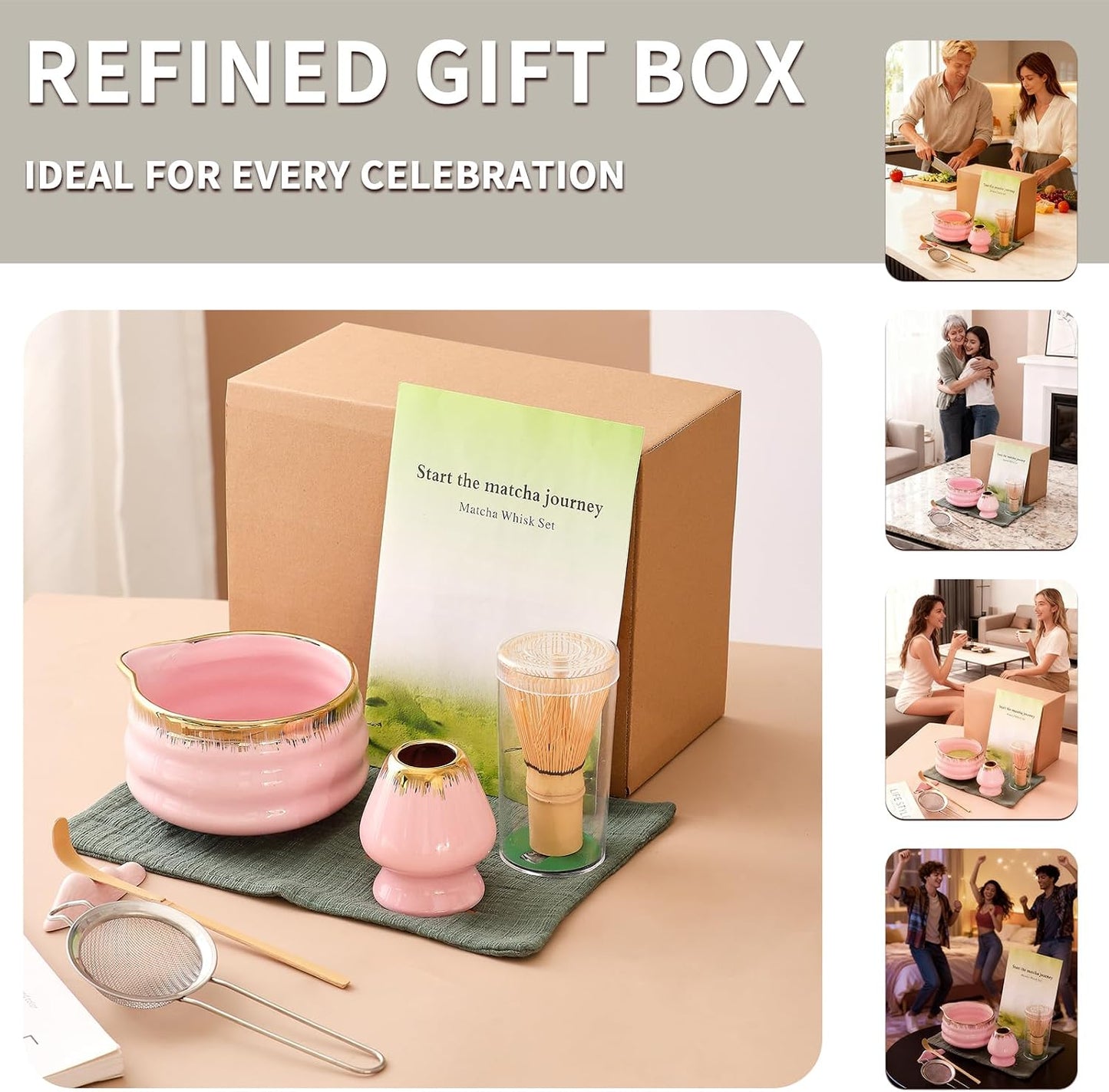 7-Piece Matcha Set, Matcha Bowl & Bamboo Whisk Kit | Ceremonial Matcha Whisk Tools with Golden Texture Details, Japanese Tea Ceremony Starter Kit & Unique Matcha Gift (Pink)