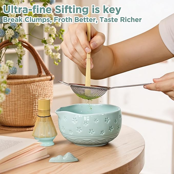 AANQQ Matcha Whisk Set: 7-PCS Matcha Set Whisk & Bowl Kit - 19OZ/560ml Ceramic Matcha Bowl with Spout - Matcha Starter Making Kit Ceremony Gift for Japanese Tea Lovers/Kitchen/Office (Blue)