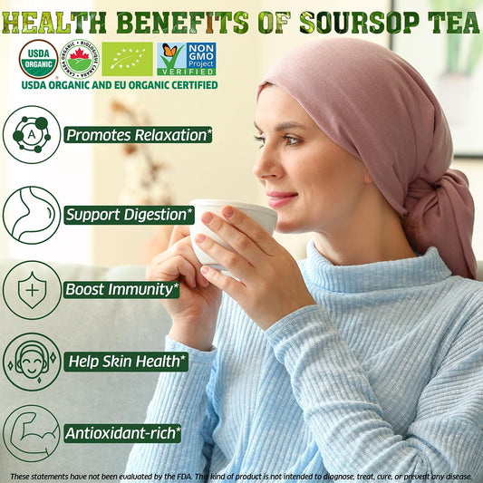 HERB DTQ USDA 100% Organic Soursop Graviola Leaf Tea Bags, Non-GMO, 50 Ct | Eco-Conscious Sachets, Sour Sop, Hojas de Guanabana, Vegan, Caffeine-Free, Sugar-Free, Gluten-Free, Sleep & Digestion Support