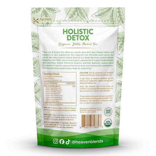 Heaven Blends Organic Holistic Detox Tea – Spearmint, Dandelion, Burdock, Milk Thistle Seed, Fenugreek & Yellowdock Root – sugar free, caffeine free, and gluten free. 30 Sachet