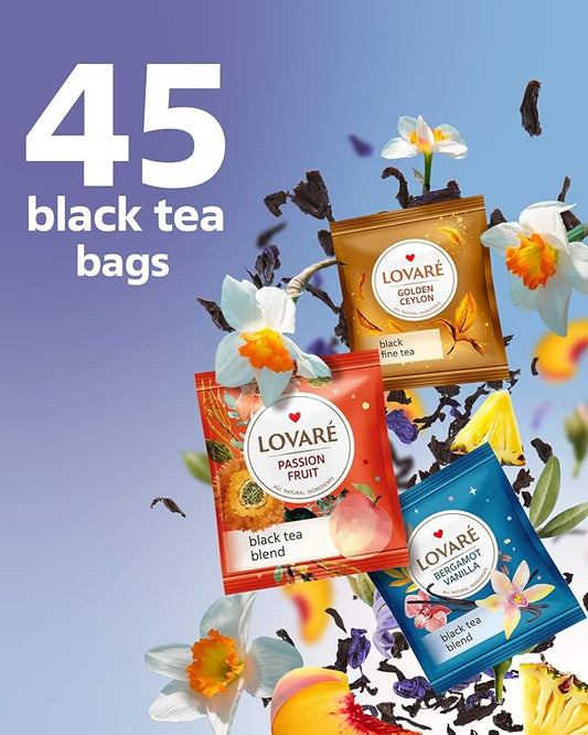 Lovare Black and Green Tea Bags Variety Pack - Made in Ukraine Tea Sampler - Individually Wrapped 90 Assorted Tea Bags - Gift Box For Tea Lovers (PRIME TEA SET)