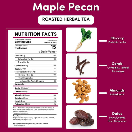 Teeccino Maple Pecan Herbal Tea - Rich & Roasted Herbal Tea That’s Caffeine Free & Prebiotic for Natural Energy