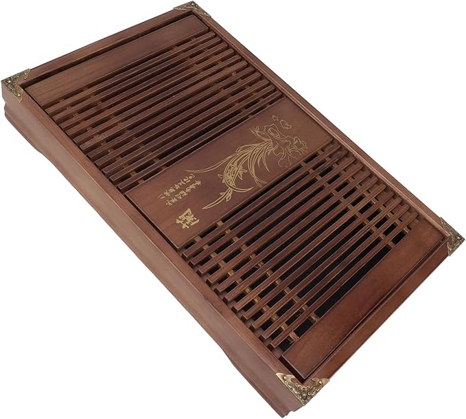 11.0X16.9in Gongfu Tea Tray, Drainage Water Storage Orchid Pattern Wooden Tea Serving Tray