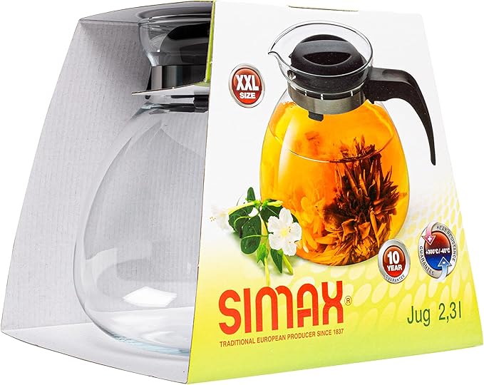 Simax Glassware 2.5 Quart Glass Teapot | Short Spout, Stay Cool Plastic Handle and Lid, Stovetop and Dishwasher Safe, Heat, Cold, and Thermal Shock Resistant Borosilicate Glass