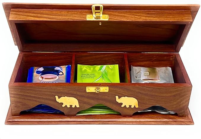 Handcrafted Rosewood Tea Box Organizer with Brass Inlay β 3-Compartment Storage Chest for Tea Bags, Spices & Keepsakes β Natural Wood Tea Caddy β Artisan Kitchen & Gift Item from South Asia