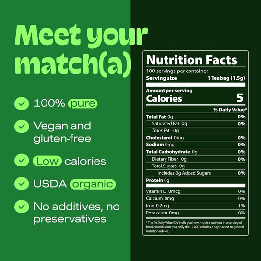 Matcha DNA Certified Organic Matcha Tea Bags, 100 Count Box, Green Tea | 100% Pure, Vegan, Gluten-Free, Unsweetened, No Additives, Smooth Green Tea Bags for Home, Office & Travel