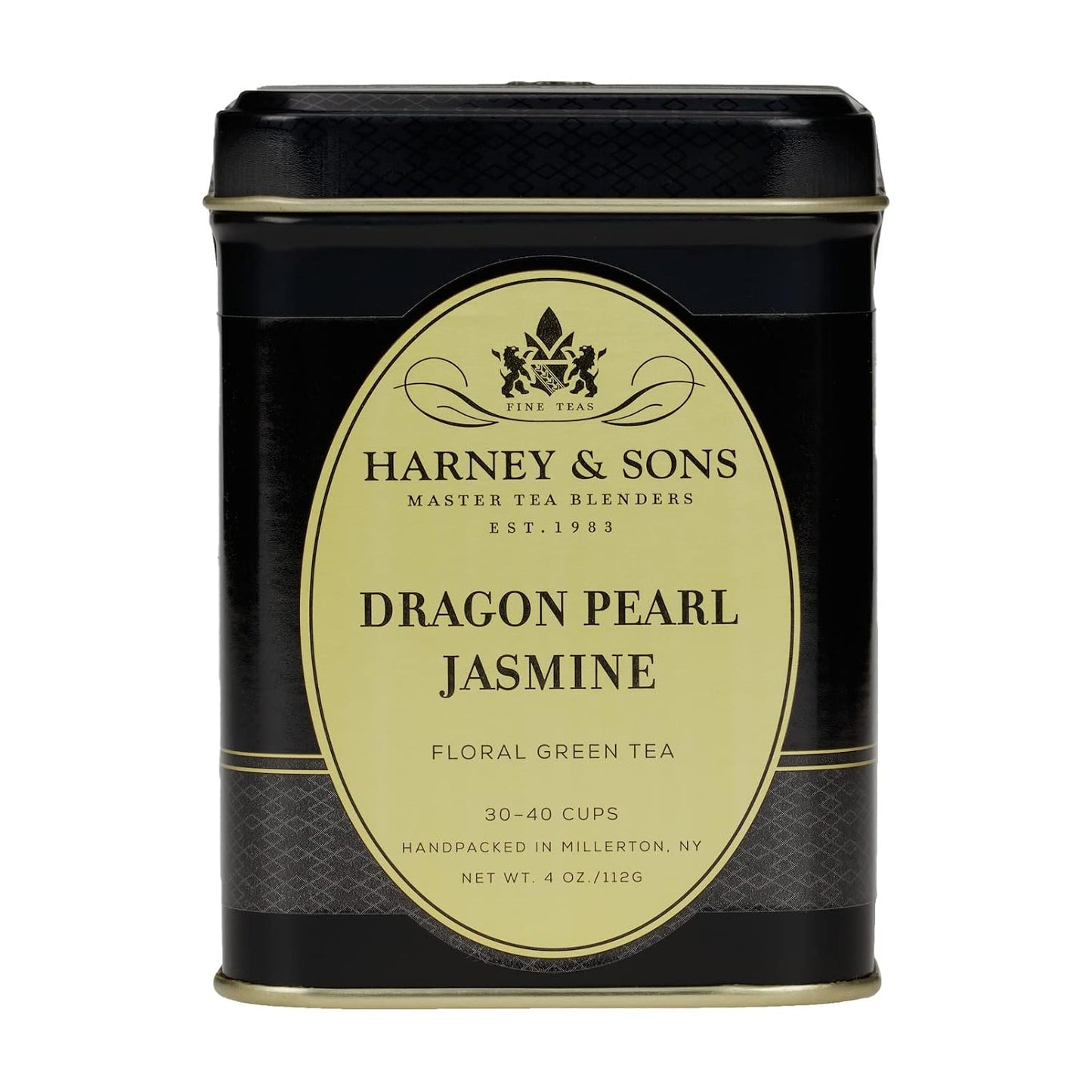 Harney & Sons Dragon Pearl Jasmine Loose Leaf Green Tea Tin, 4 oz | Hand-rolled Chinese green tea pearls scented with jasmine flowers. Contains caffeine.