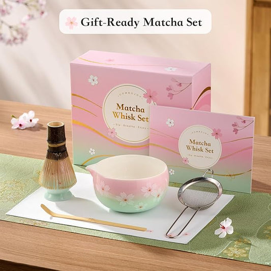 Matcha Whisk Set – Japanese Tea Ceremony Kit with Ceramic Bowl, Purple Bamboo Whisk (Chasen), Holder, Sifter & Scoop – Complete Matcha Kit