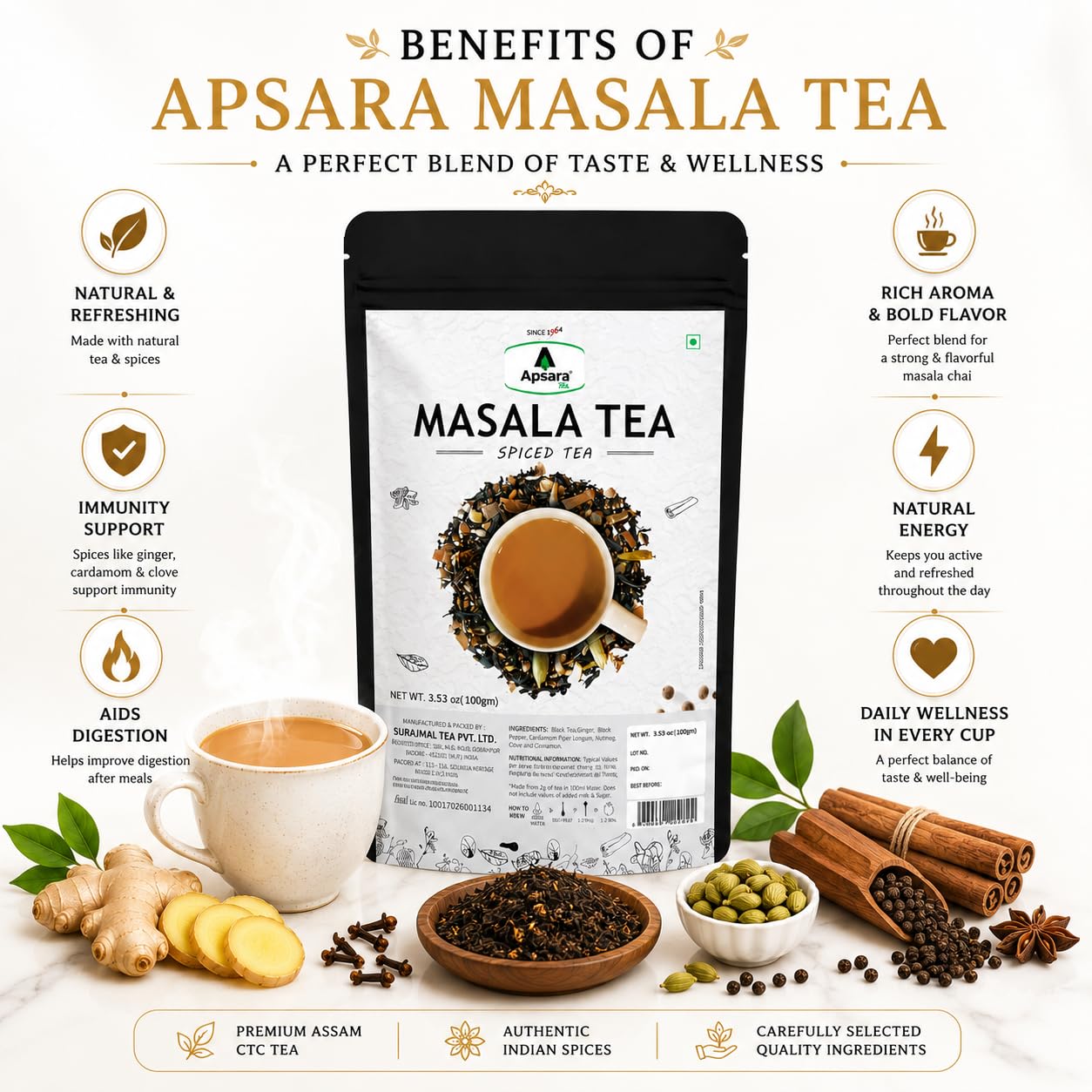 APSARA Premium Masala Chai Tea, Authentic Indian CTC Black Tea Blend with Ginger, Cardamom, Cinnamon, Black Pepper & Cloves, Strong Aroma and Bold Flavor, Spiced Tea for Traditional Milk Chai, 100g