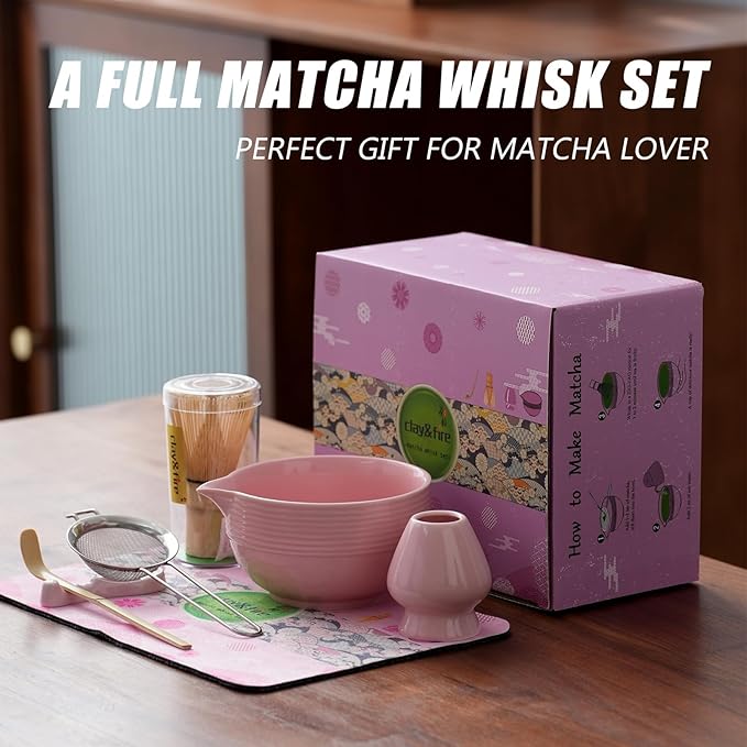 Clay&Fire Matcha Whisk Set, 9 pcs Ceramic Matcha Set, Gifts for Women,Matcha Bowl with Spout and Whisk, Matcha Kit for Matcha Lovers