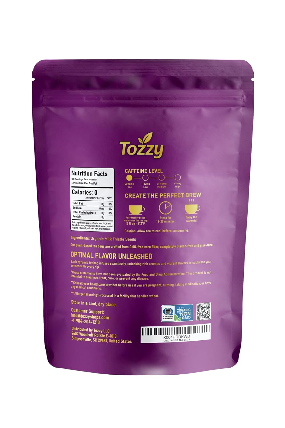 Tozzy Organic Milk Thistle Tea – 100 Count, Plant-Based Pyramid Tea Bags – Packaging May Vary