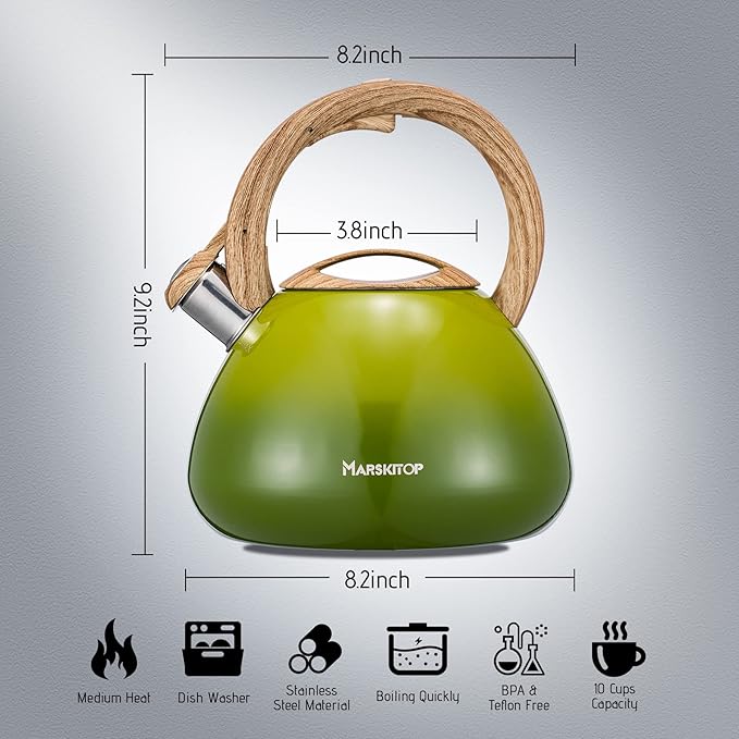 Marskitop Whistling Tea Kettle for Stove Top, 2.6 Quart Teapot for Stovetop, Stainless Steel Tea Pot for Stove with Wood Pattern Handle, Light Green