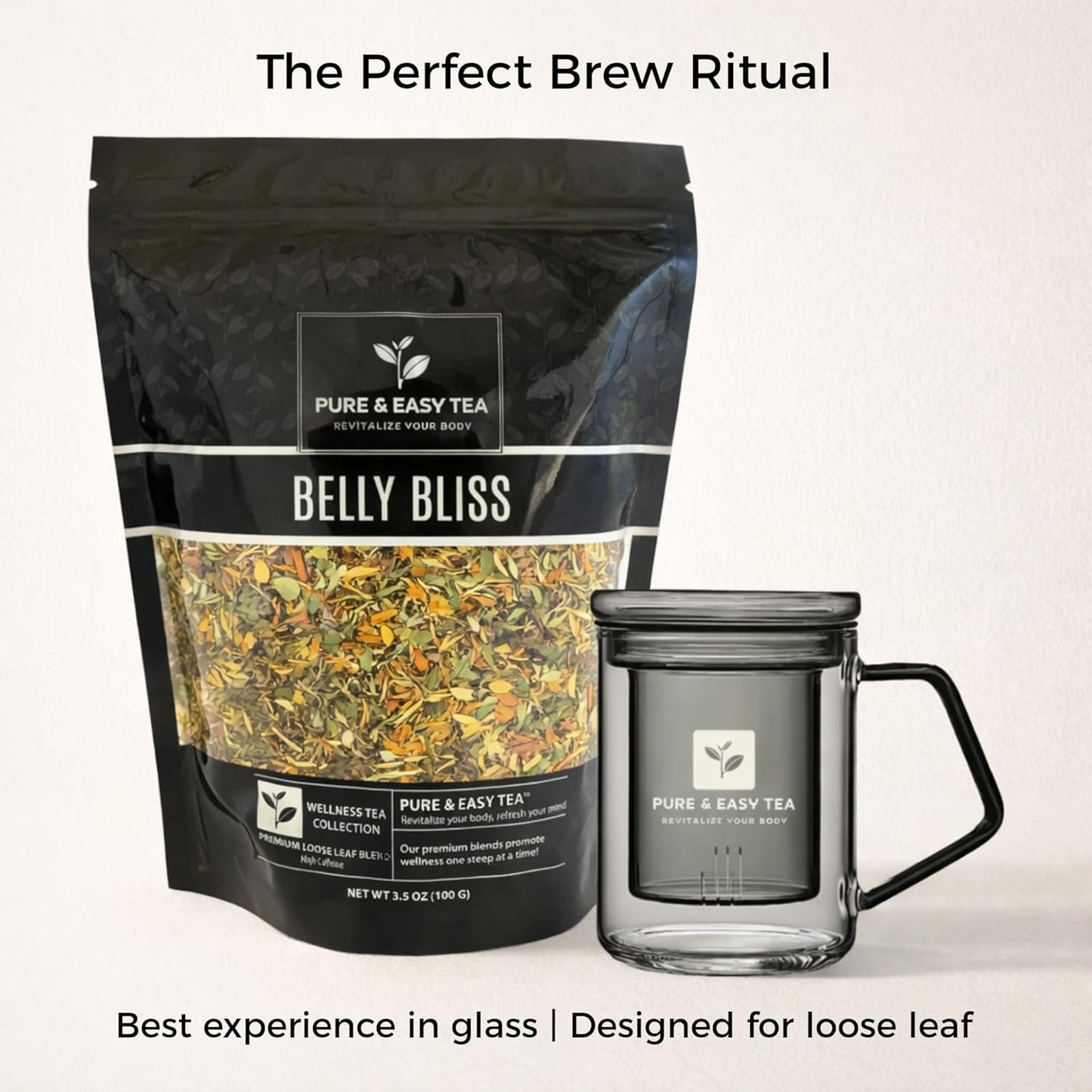 Pure And Easy Tea, Belly Bliss Loose Leaf Tea, Whole Leaf Botanical Blend with Yerba Mate, Sencha & Dandelion Leaf (100g)
