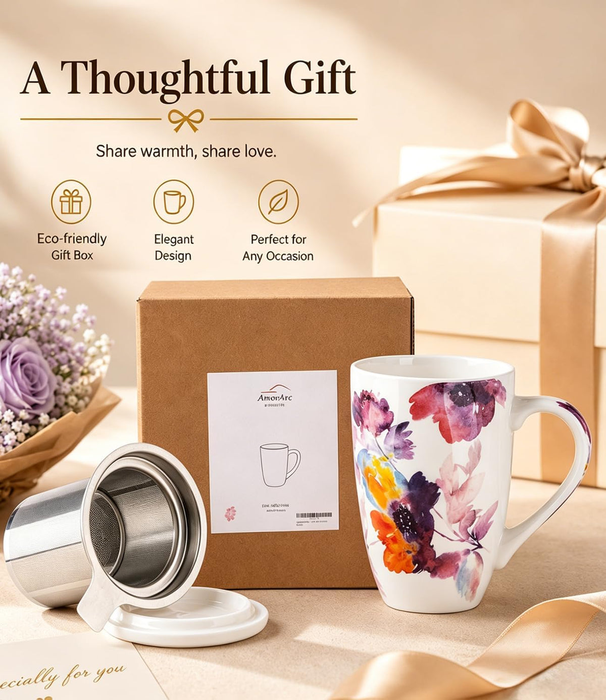 AmorArc Tea Cup With Infuser and Lid, 18oz Loose Leaf Tea Mug With Steeper