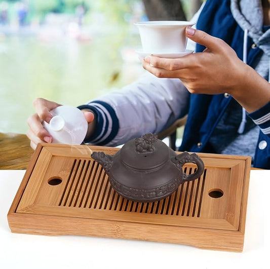Bamboo Tea Tray with Water Storage Drainage Drawer, Chinese Gongfu Tea Serving Tray, Portable Detachable Tea Set for Home Office Bar, 27 x 14 x 3cm