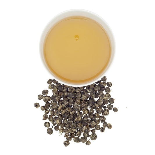 Harney & Sons Dragon Pearl Jasmine Loose Leaf Green Tea Tin, 4 oz | Hand-rolled Chinese green tea pearls scented with jasmine flowers. Contains caffeine.