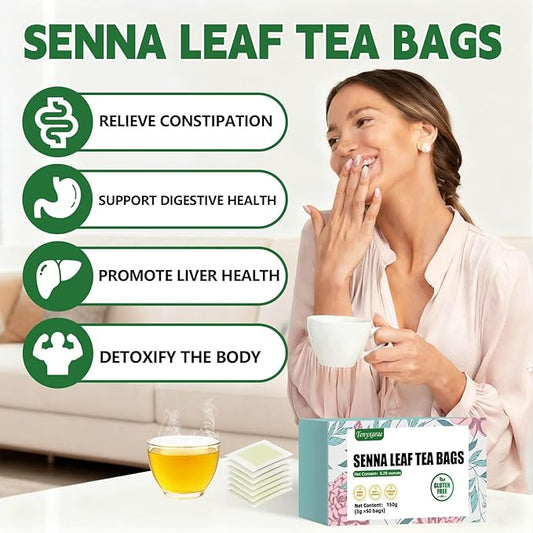 Organic Senna Tea Bags, 50 Teabags, 3g/Bag, Made with 100% Natural Senna Leaves. Helps with Relieve Constipation and Digestion, Caffeine-Free