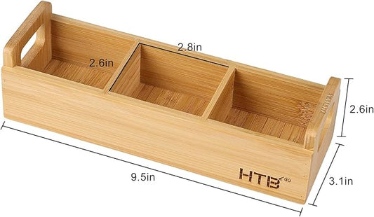 HTB Small Tea Bag Holder, Bamboo Tea Organizer 3 Compartments for Beverage Suppliers, Sugar, Sweeteners, Individual Packets, Portable Tea Bag Organizer for Home Kitchen Counter or Office