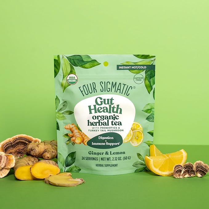Four Sigmatic Gut Health Organic Herbal Tea | Organic Lemon Ginger Tea with Probiotics & Turkey Tail Mushroom | Instant Digestive Tea | Vegan, Gluten-Free | Lemon Ginger, 24 Servings