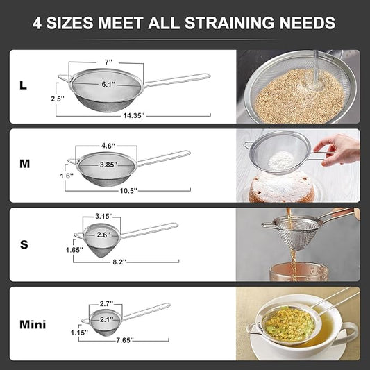 Walfos Fine Mesh Strainer 4PCS, Versatile Kitchen Strainer with Handle - 7", 4.6", 3.15", 2.7" Sieve Fine Mesh Stainless Steel