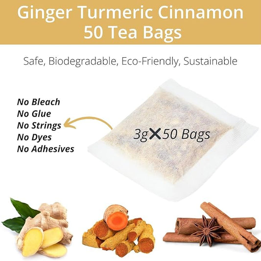 50 Premium Turmeric Ginger Cinnamon Tea Bags, Vitalforest Natural Ginger Tea Bags, Pure Turmeric Tea, Herbal Cinnamon Tea, Supports Digestion