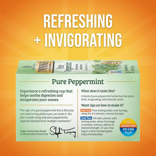 Twinings Pure Peppermint Herbal Caffeine-Free Tea Bags, 20 CT Box (1 Pack) | Fresh Minty Flavour, Soothes Digestion, Naturally Caffeine-Free, 20 Foil Lined Individually Wrapped Bags, Enjoy Hot or Iced