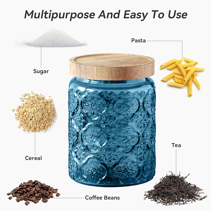 Glass Jar with Lid, Vintage Glass Storage Jars with Airtight Lid Coffee Canister Sugar Container for Kitchen Counter Pantry, Spice, Candy, Coffee Beans, Tea, Cookie (24 FL OZ Blue Begonia)