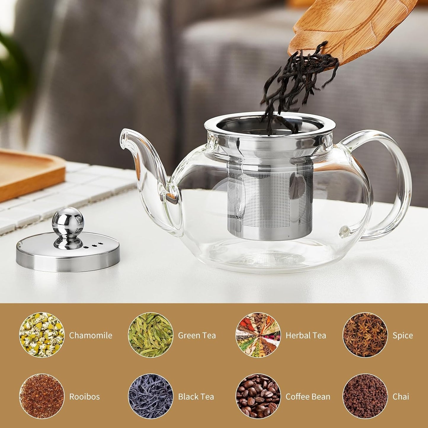 DOPUDO Glass Teapot with Infuser, 20 oz Borosilicate Tea Kettle | Clear borosilicate glass with removable 18/8 steel infuser for stovetop brewing of loose-leaf, herbal, and blooming tea.