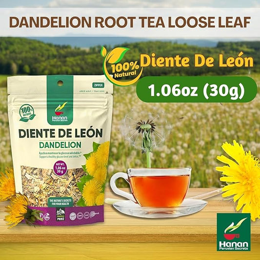 Hanan Dandelion Loose Herb Tea 3.2oz (90g Diente de Leon) - Pack of 3 Pouches with 30 Grams Each of All-Natural Dandelion Root Flower Plant Leaves from Peru