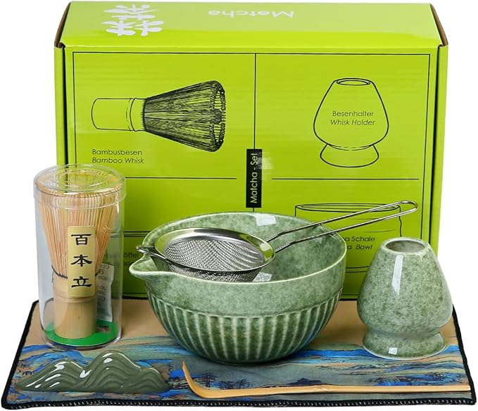 7pcs Matcha Whisk Set for the Perfect Tea Ceremony - Matcha Bowl with Spout, Whisk, and Scoop Matcha Whisk