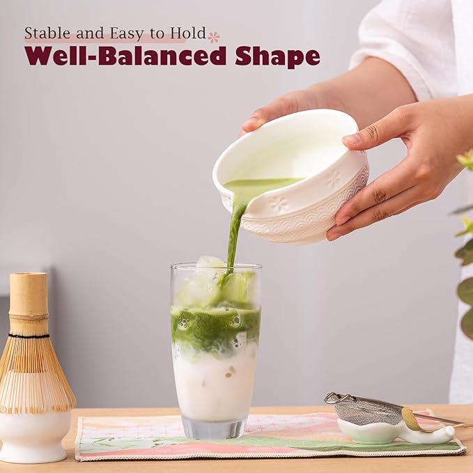 Matcha Tea Set, 8 Pcs Japanese Matcha Kit with Cherry Blossom and Wave Design Ceramic Bowl, Bamboo Whisk, Whisk Holder, Scoop, Sifter, Brush, Matcha Kit Set for Matcha Lovers (Speckled White)