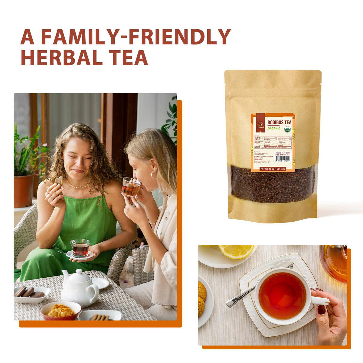 Soeos Organic Rooibos Tea Loose Leaf, 16 Ounce, Caffeine-Free Herbal Tea