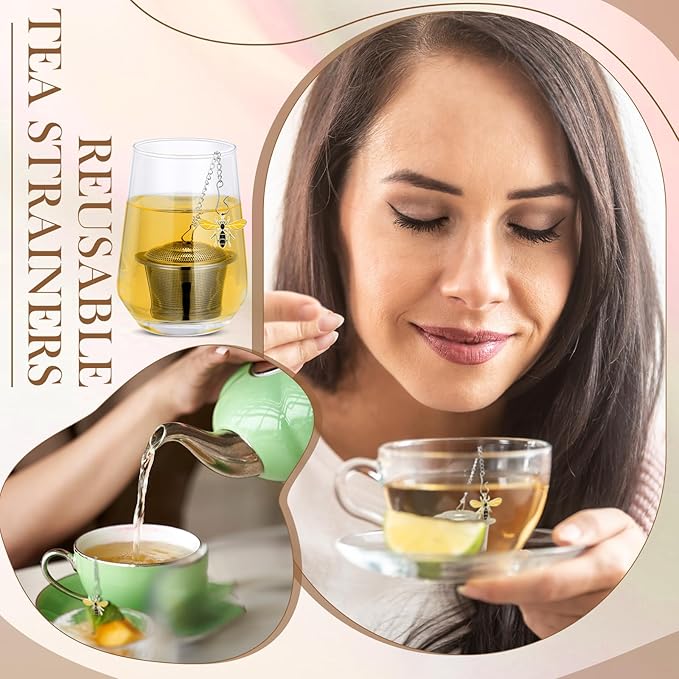 3 Sets Tea Infusers Loose Tea, Stainless Steel Leaf Strainers Steepers with Drip Trays and Honey Bee Pendant Novelty Fine Mesh