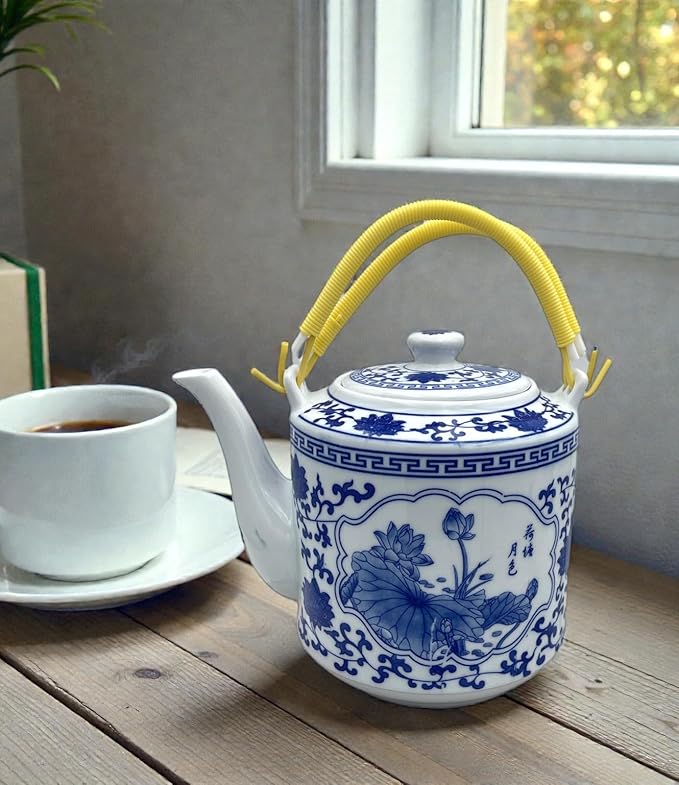 Large Teapot Blue and White Tea Pot Porcelain 66 OZ Floral (flower)