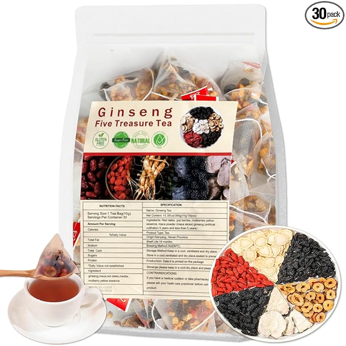 Ginseng Five Treasures Tea Kidney Cleanse Tea, Ginseng Red Date Natural Chinese Herbal Tea Bags for Men Women(10g x30pcs)