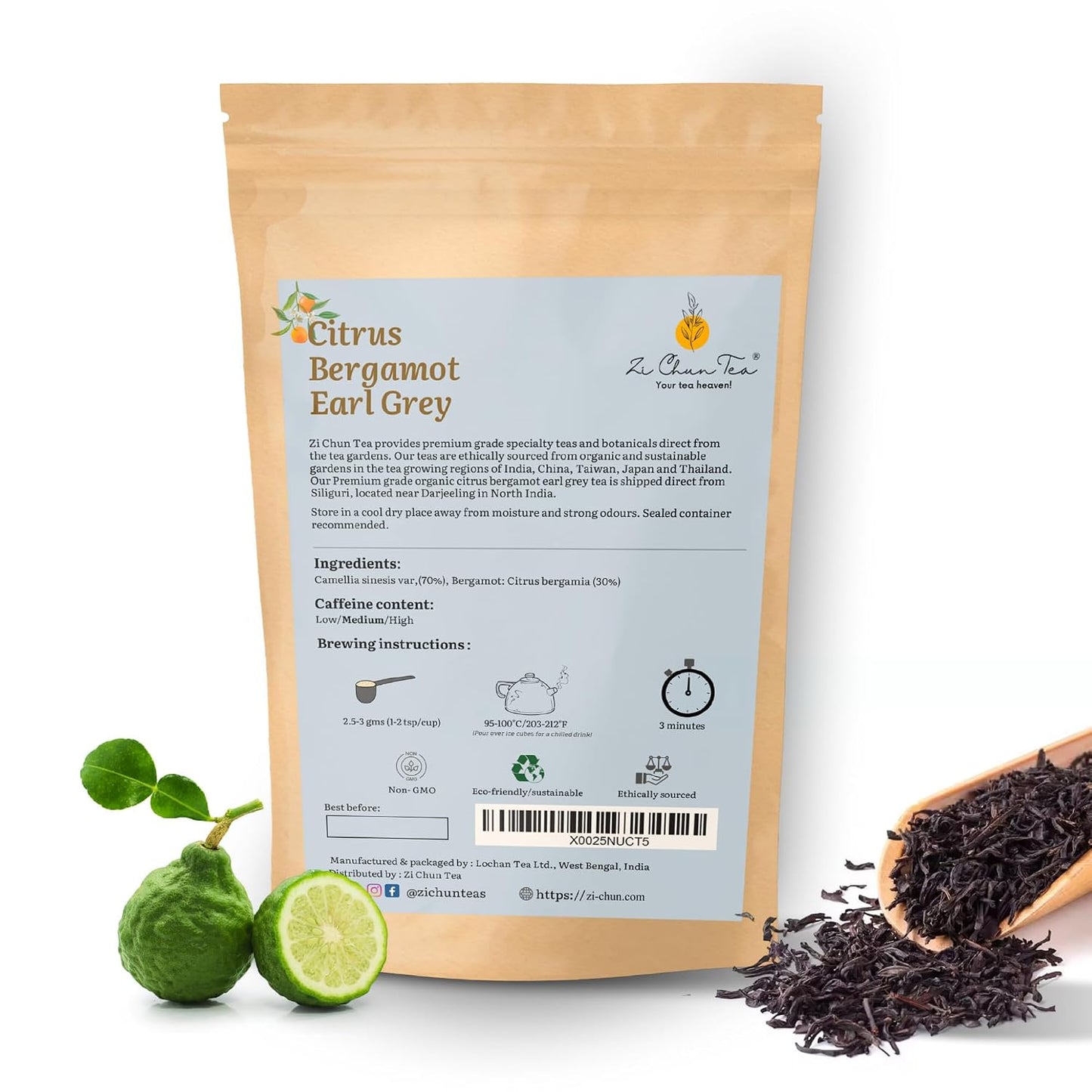 Zi Chun Tea | Bergamot Earl Grey Tea Loose Leaf | Made with Extra Whole Bergamot Pieces (Not Oil), Premium Assam Black Tea, Bold Citrus Flavor, Non-GMO, No Artificial Ingredients | 8.8 oz
