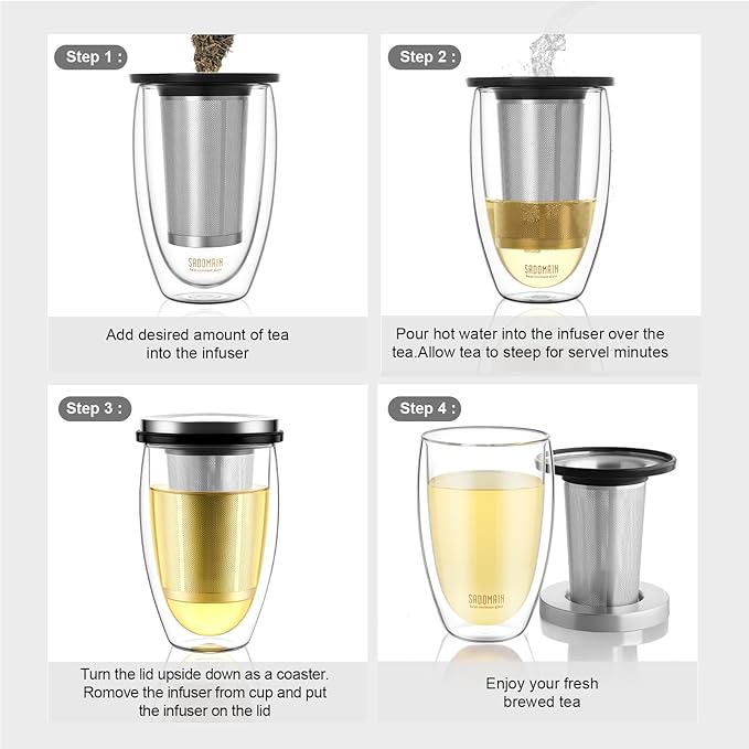 Glass Tea Cup with Infuser and Lid, Tea Infuser Mug in 12 OZ/350ML, Heat-Proof Double Wall Glass Tea Cup, 100% Plastic-Free Tea Mug with Lid and Strainer, Keeps Drinks Hot/Cold Longer Time