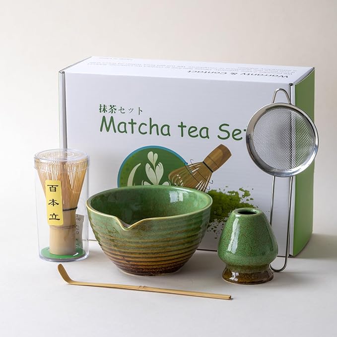 Traditional Matcha Tea Ceremony Set with Ceramic Bowl, Bamboo Whisk, Stand and Strainer, 5-Piece (gr