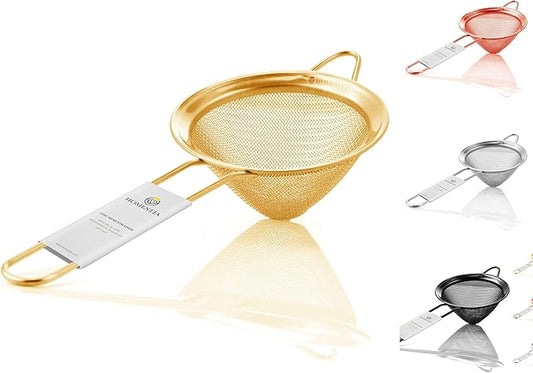 Homestia Fine Mesh Strainer for Kitchen, 304 Stainless Steel Cocktail Sieve Sifters for Food, Liquid Strainer for Drinks, Tea, Coffee, Juice, Flour, Spice, Fruits, Vegetables (Gold, 2 Pieces)