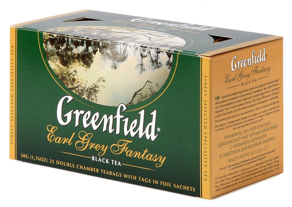 Greenfield Earl Grey Fantasy Сlassic Collection Black Tea Finely Selected Speciality Tea 25 Double Chamber Teabags With Tags in Foil Sachets