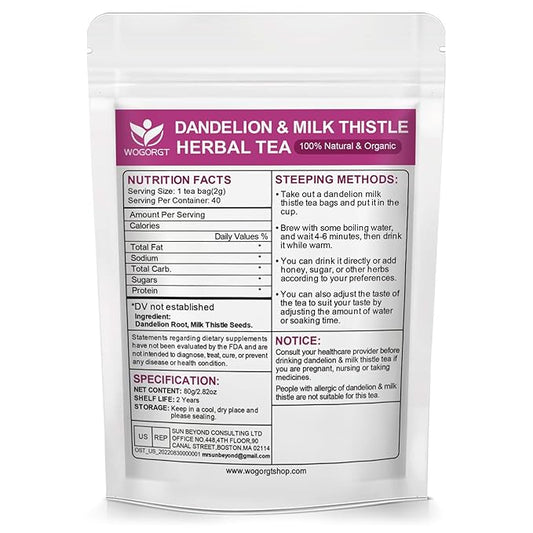 Dandelion Root with Milk Thistle Tea Bags - Natural Dried Dandelion Root and Milk Thistle Herbal Tea bags, Antioxidant and Immune Support