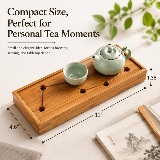 JIKUGO Bamboo Tea Tray, Small Wooden Tea Serving Tray for Tea Set, Compact Japanese Tea Tray for Home Office Tabletop Decor, Natural Bamboo Chinese Kungfu Tray, 11'' x 4.6''
