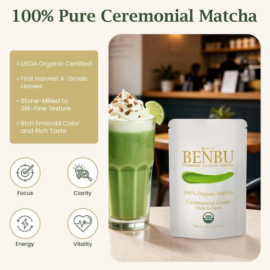 BENBU Matcha Powder - USDA Organic Ceremonial Grade, First Harvest, Stone-Milled in Japan, Authentic Japanese Green Tea, No Additives, 3.5 oz (100g) Pouch