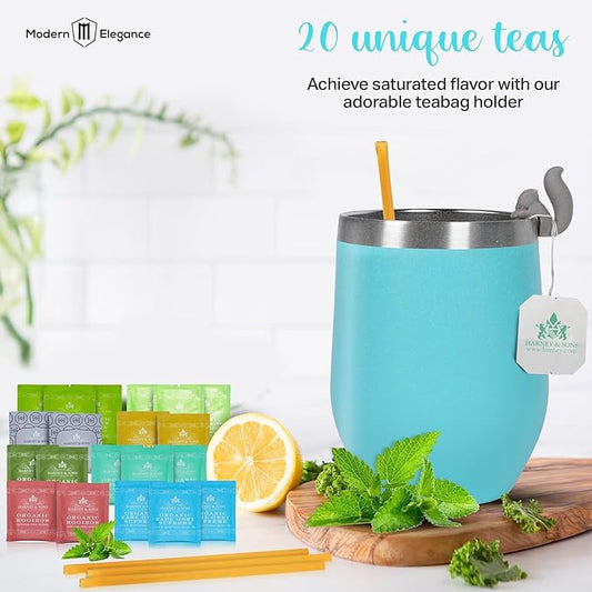 Tea Gift Set with Kettle – 26 -Piece Sampler for Women & Men, Insulated Mug, Assorted Organic Hrny & Sons Teas, Pure Honey & Accessories (Teal+Kettle - Hrny)