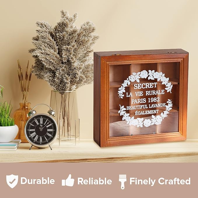 9-Slot Mini Wooden Storage Box with Glass Cover (9.44x9.44x2.8in) Collectibles Display Case - Square Wood Organizer Box with Dividers