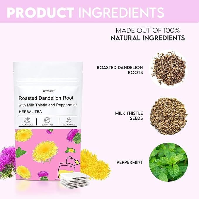 TZTZBOM Natural Roasted Dandelion Root with Milk Thistle and Peppermint, Herbal Tea for Liver Cleansing, 20 tea bags