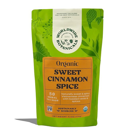 Worldwide Botanicals Sweet Cinnamon Spice Herbal Tea, 50 Tea Bags - Organic, Caffeine Free, Kosher, Naturally Sweet, 50% More Herbs - 50 Tagless Eco-Friendly Tea-Bags