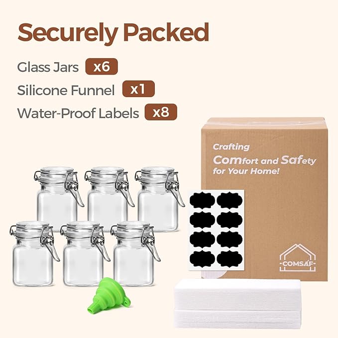 ComSaf 4 oz Glass Jars with Lid, Set of 6 Mini Airtight Glass Jars, Spice Jars, Small Mason Jar, Canning Jar Square with Seal Wire Clip Fastening, Labels & Funnels for Jam, Honey, Kitchen, Wedding